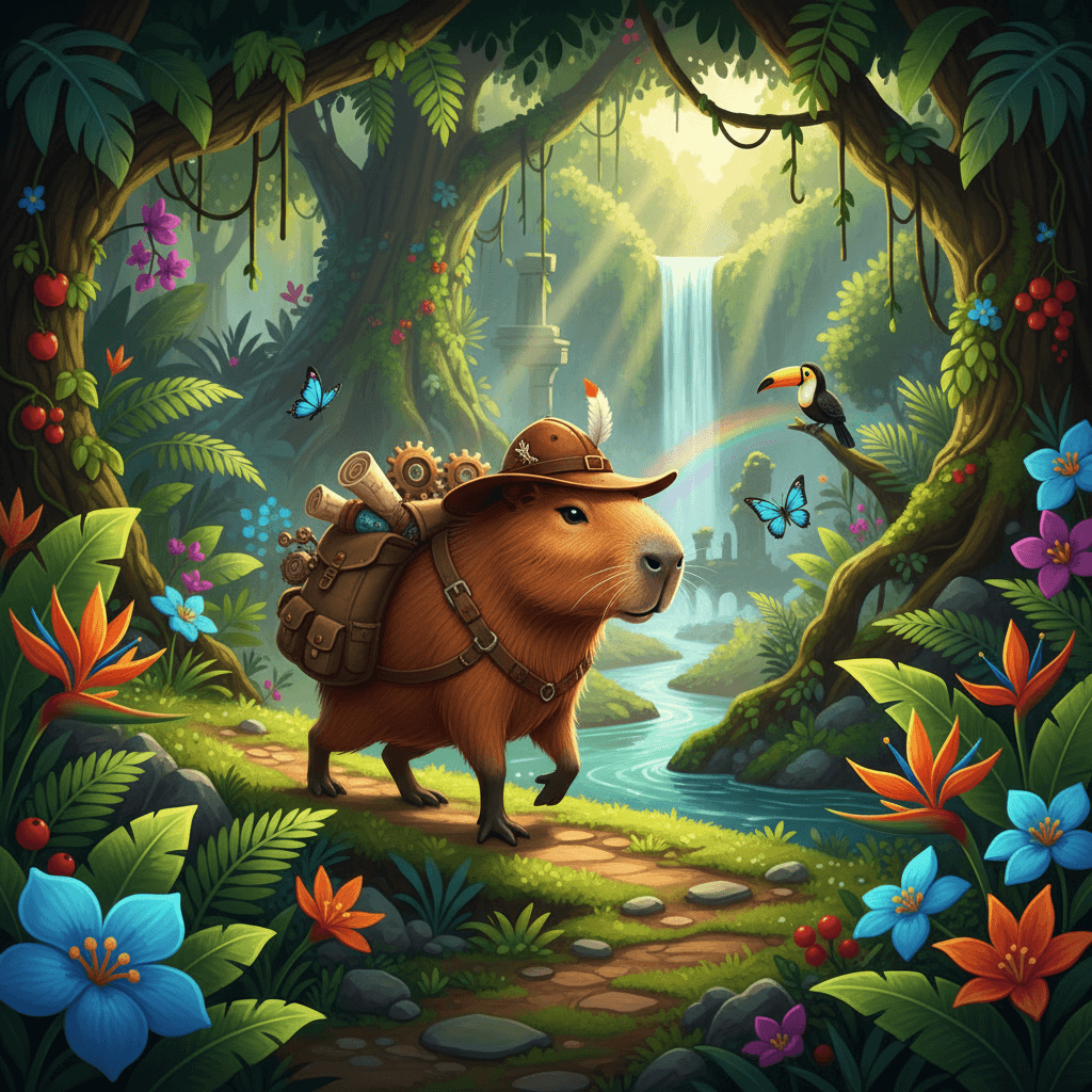 정글을 탐험하는 모험심 가득한 카피바라 일러스트.