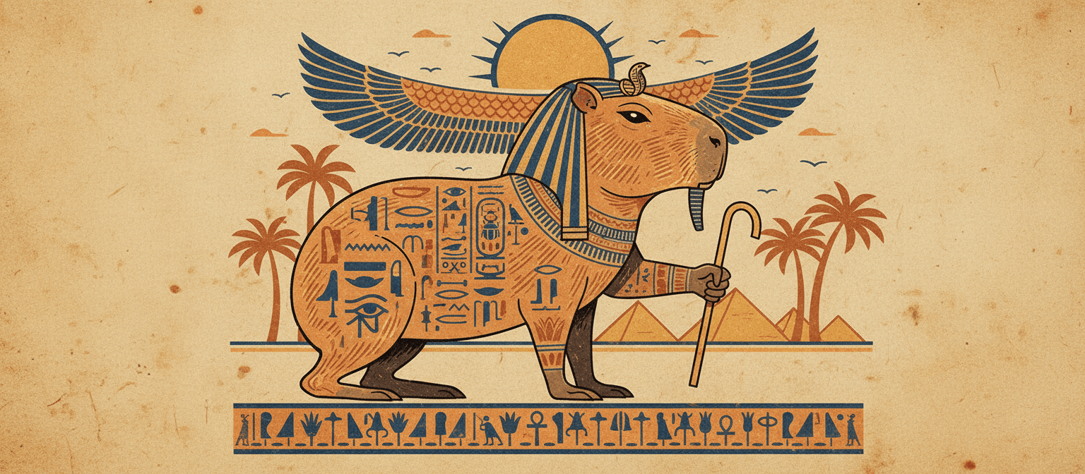 상형문자 요소와 파라오 머리 장식, 파피루스 질감이 특징인 고대 이집트 스타일의 카피바라 일러스트, 흙빛 색조로 위엄 있고 상징적이다.