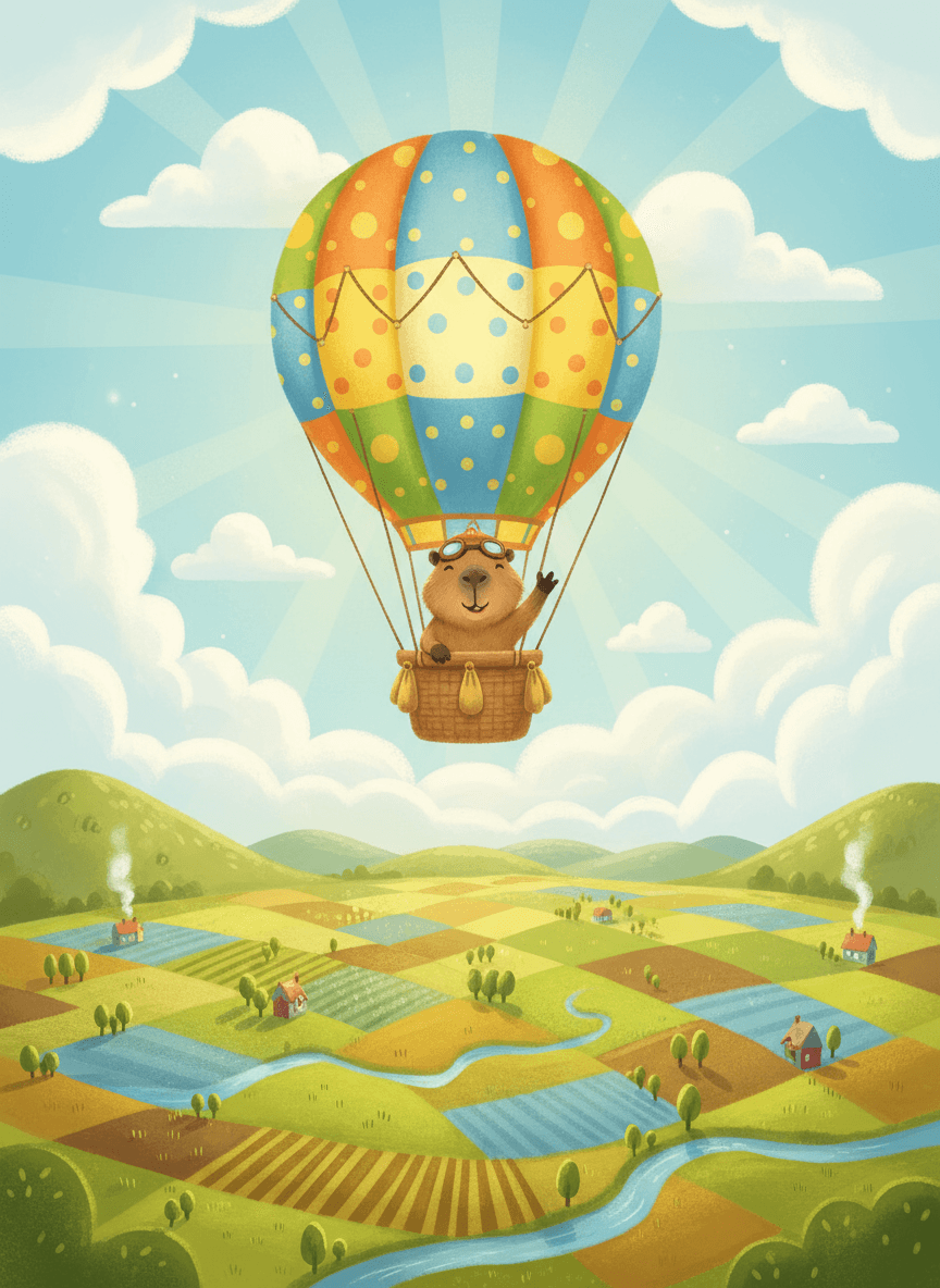 경치 좋은 풍경 위를 열기구를 타고 즐겁게 날아가는 카피바라의 밝은 일러스트.