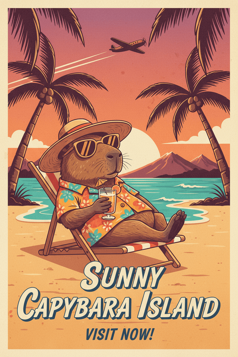 선글라스와 밀짚모자를 쓴 카피바라가 열대 파라다이스에 있는 빈티지 여행 포스터 스타일 일러스트.