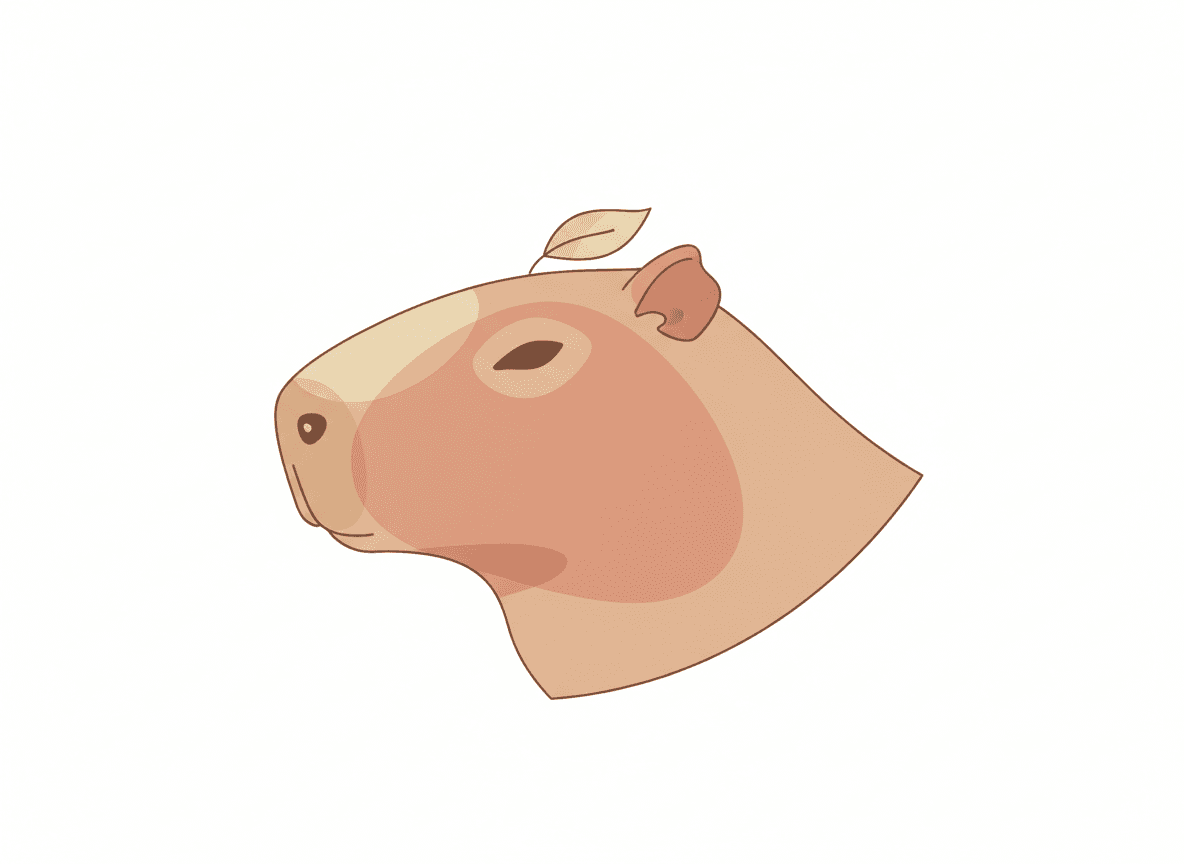 작은 잎을 머리에 얹은 카피바라의 미니멀리스트 벡터 일러스트, 심플한 파스텔 디자인.