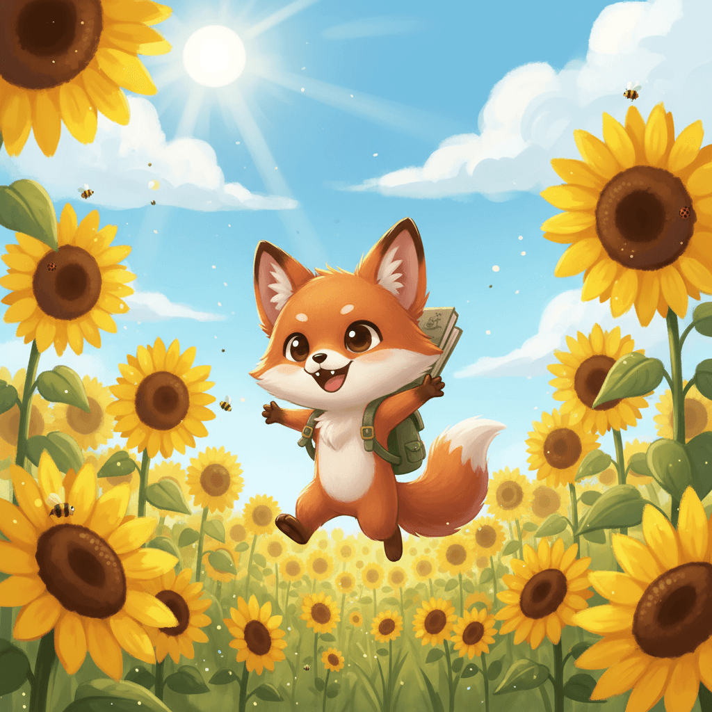 작은 배낭을 메고 해바라기 밭에서 신나게 점프하는 귀여운 치비 여우 캐릭터, 밝고 경쾌한 디지털 일러스트레이션.