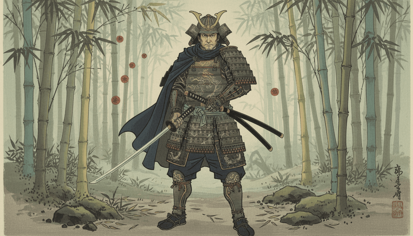 대나무 숲에서 칼을 들고 포즈를 취하고 있는 절제된 사무라이 캐릭터.