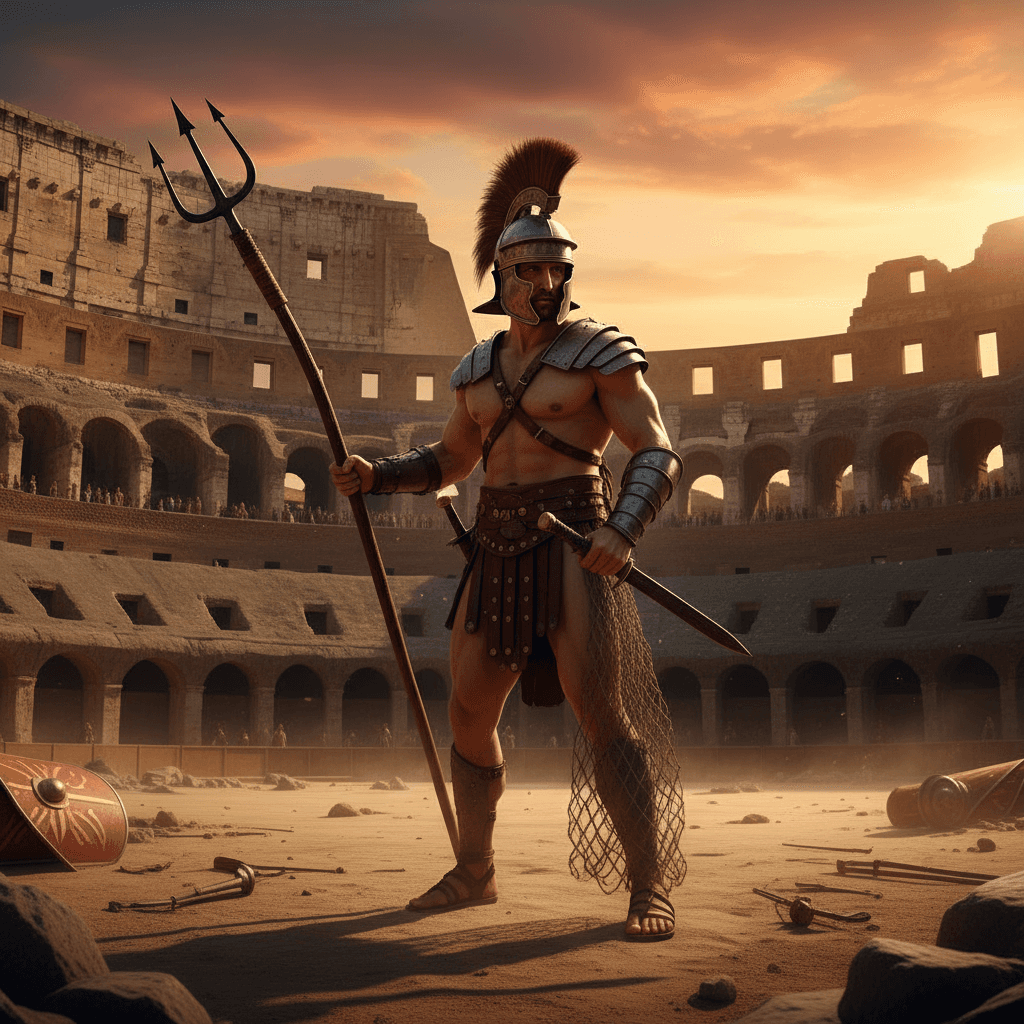 콜로세움에서 삼지창을 들고 있는 로마 검투사 캐릭터.