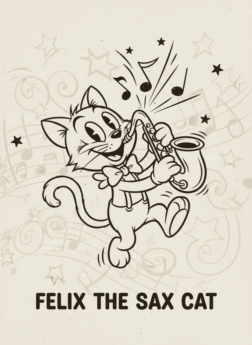 1930년대 애니메이션 스타일의 매력적인 빈티지 고양이 캐릭터가 색소폰을 연주하는 모습, 흑백, 거친 질감.