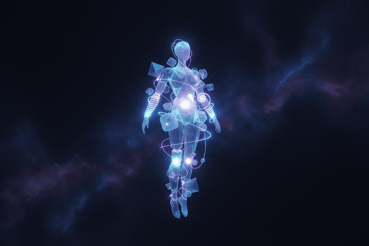 발광하는 기하학적 도형으로 이루어진 추상적인 캐릭터가 공허 속에 떠 있다.