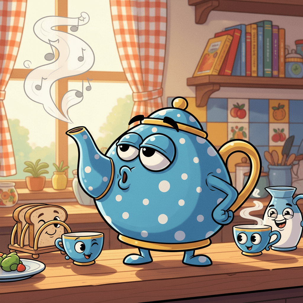 휘파람을 부는 귀여운 만화 말하는 찻주전자 캐릭터.