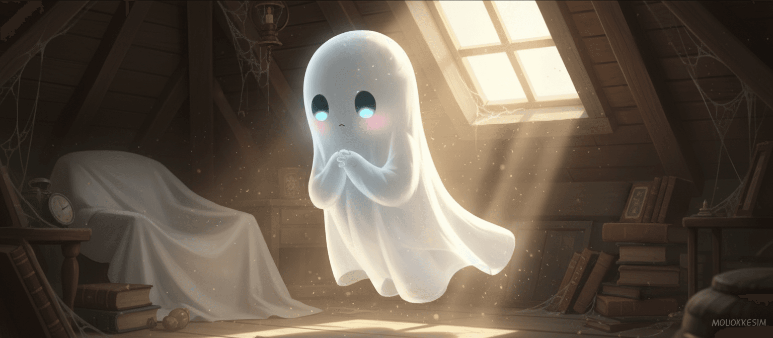 부드러운 눈을 가진 수줍은 유령 캐릭터가 먼지 쌓인 다락방에 떠 있다.