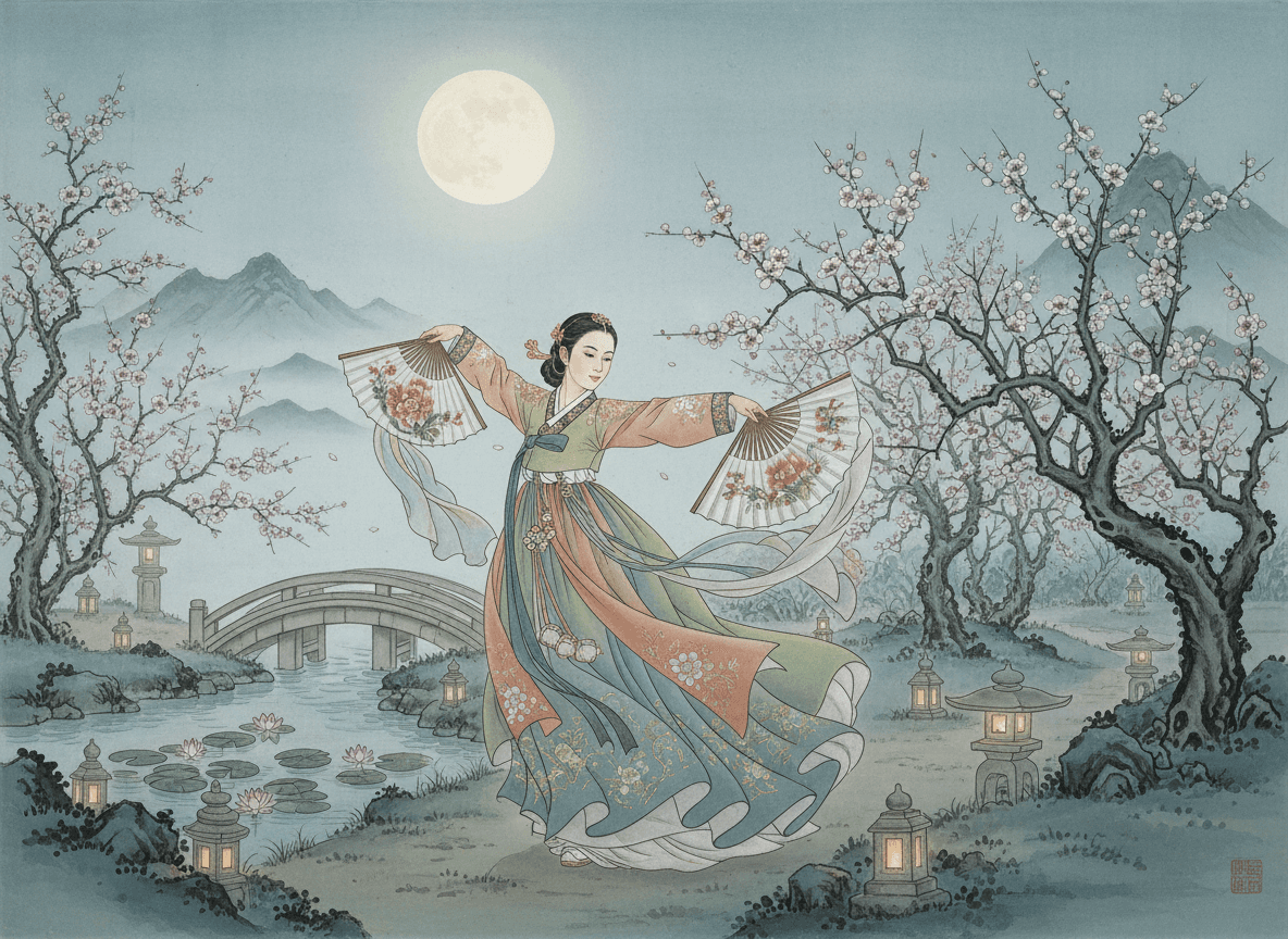 달빛 정원에서 부채춤을 추는 전통 한복 캐릭터.