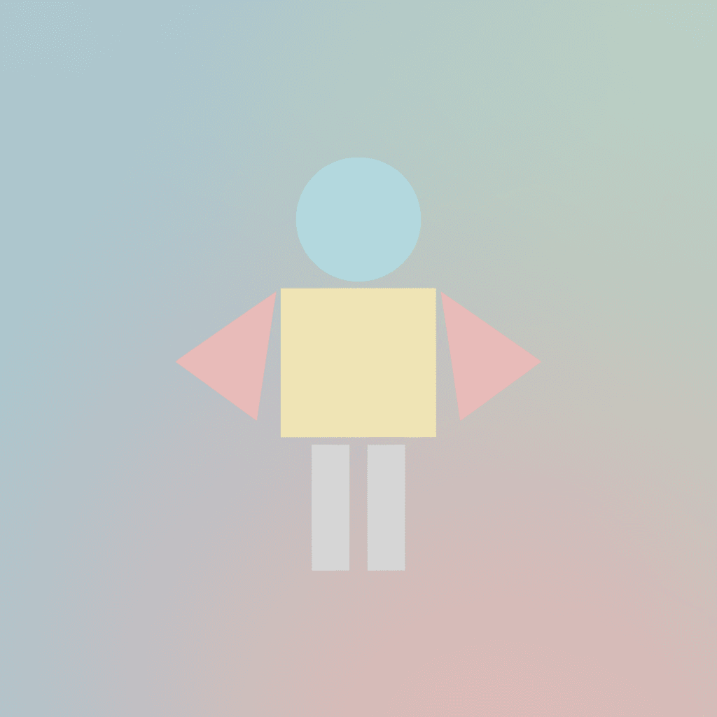 파스텔 배경에 단순한 도형으로 이루어진 미니멀한 기하학적 캐릭터.