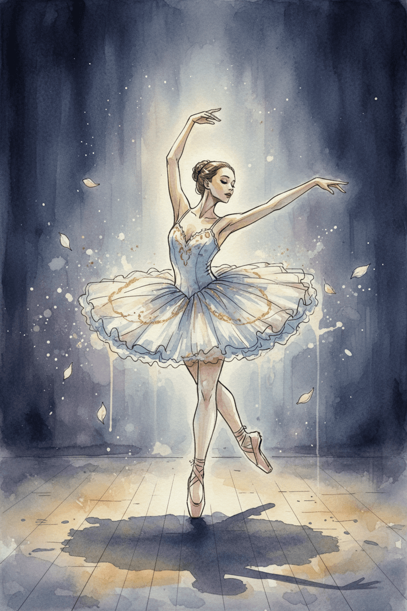 어두운 무대에서 피루엣을 하는 우아한 발레리나 캐릭터.