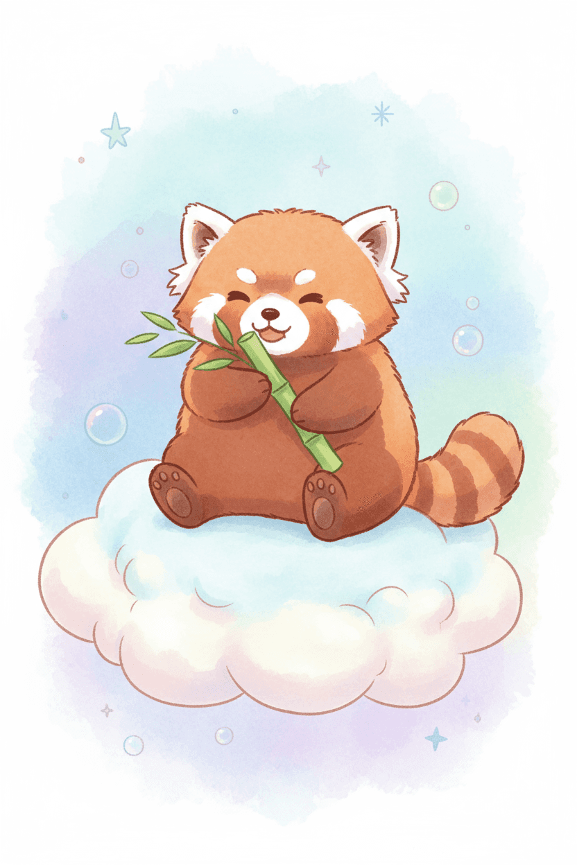 구름 위에 앉아 있는 귀엽고 통통한 붉은 판다 캐릭터, 수채화 스타일.