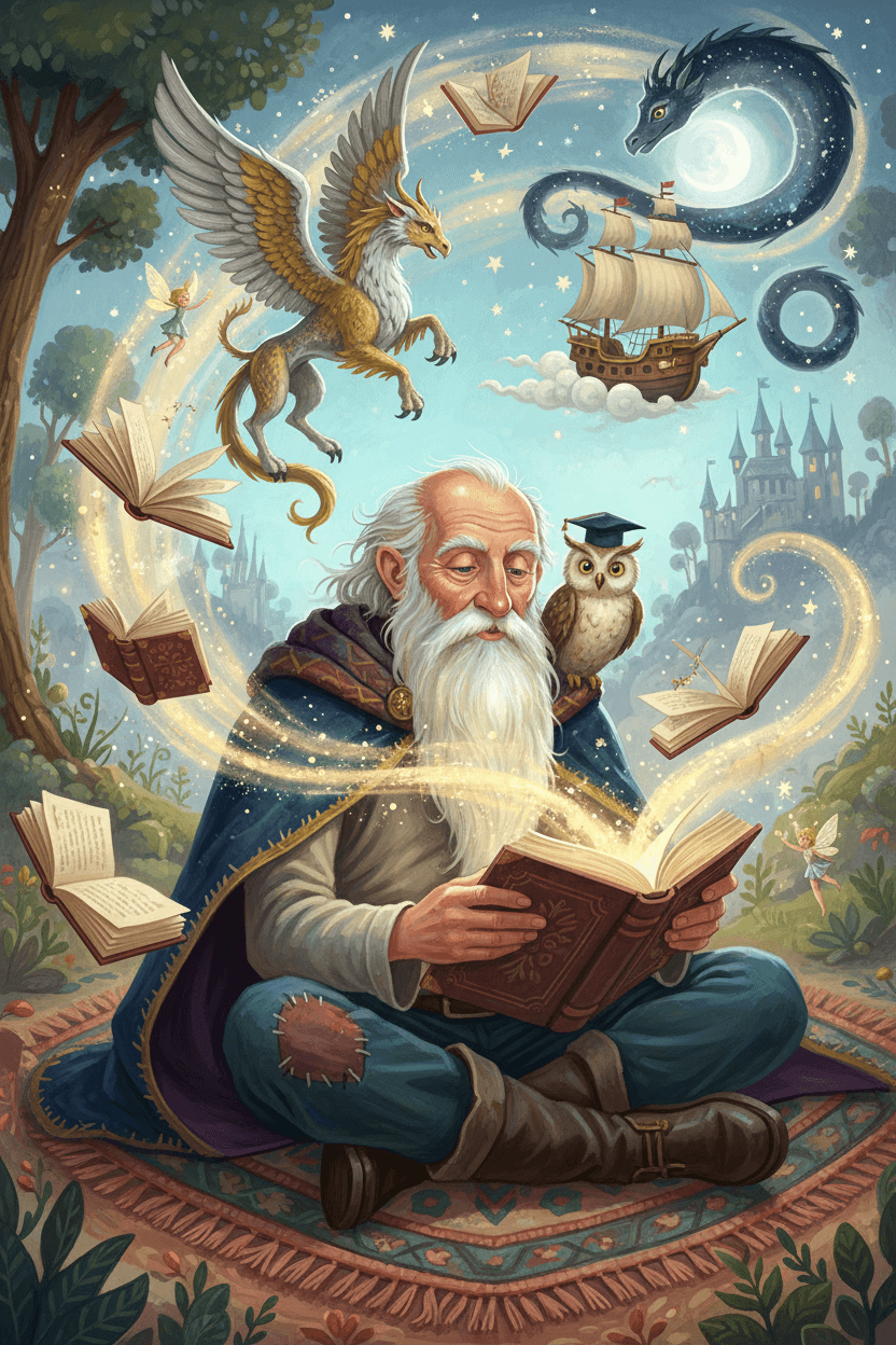 친절한 눈을 가진 나이 든 기발한 이야기꾼 캐릭터가 떠다니는 책과 신화 속 동물들 같은 애니메이션 요소들에 둘러싸인 모습, 동화책 일러스트레이션.