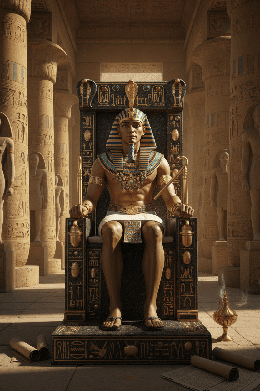 웅장한 왕좌에 앉아 있는 고대 이집트 파라오 캐릭터.
