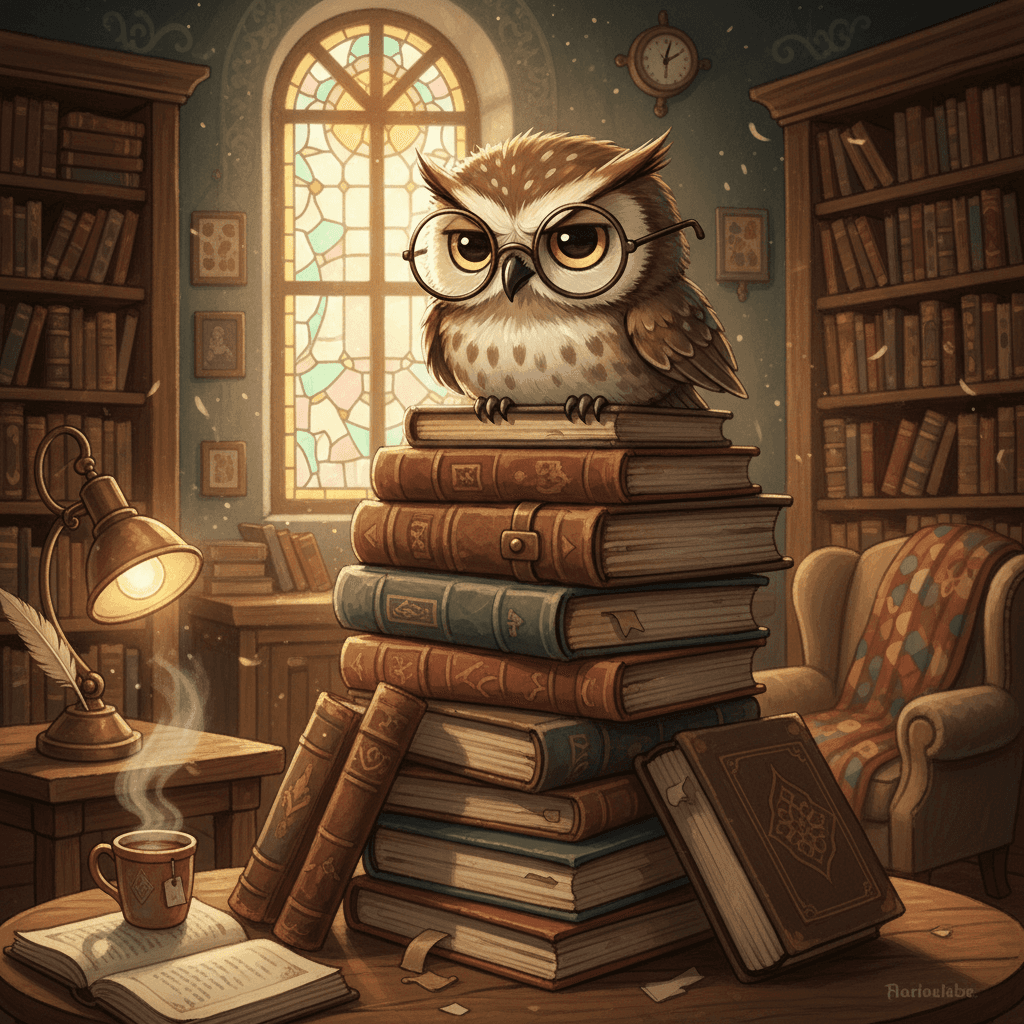 돋보기를 쓴 심술궂지만 귀여운 부엉이 캐릭터가 도서관 책 위에 앉아 있다.