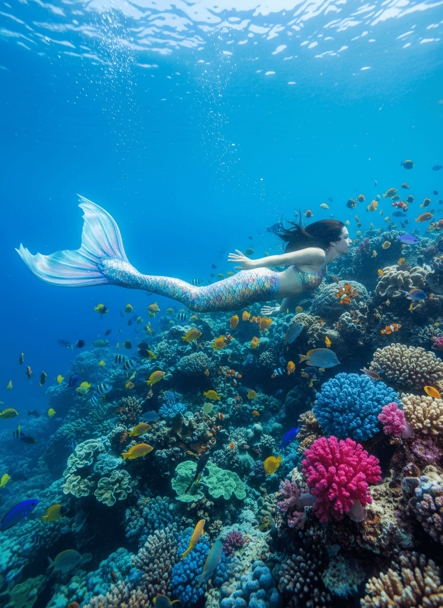 산호초 사이를 우아하게 헤엄치는 인어 캐릭터.