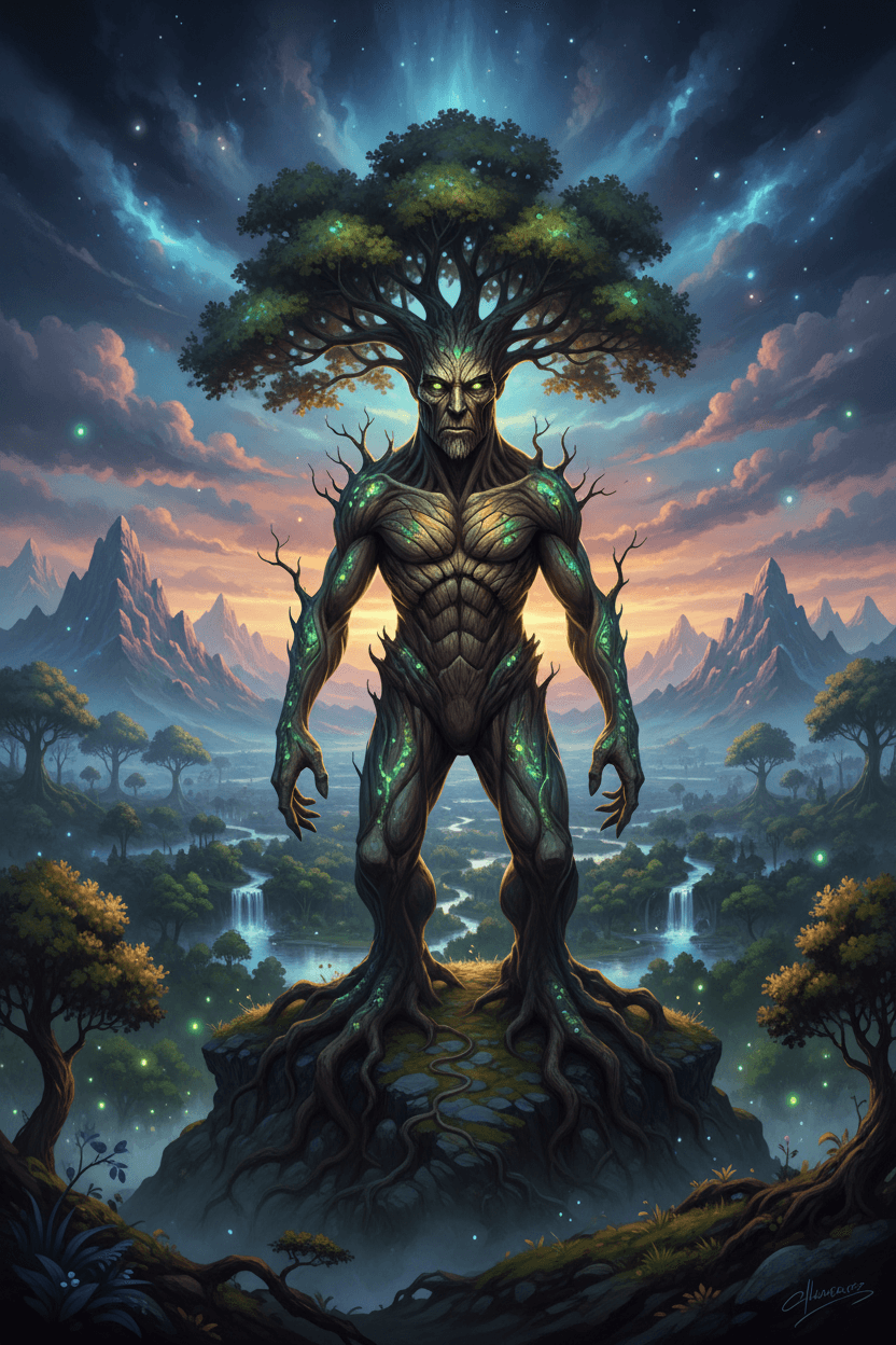 얼굴 모양의 나무 껍질을 가진 현명한 나무 캐릭터가 신비로운 숲을 내려다보고 있다.