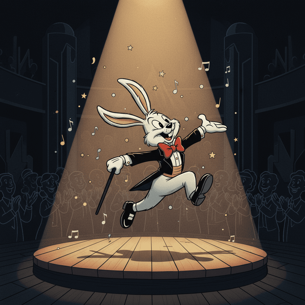 턱시도를 입은 고전적인 카툰 토끼 캐릭터가 스포트라이트를 받으며 무대 위에서 우아하게 춤추는 모습, 1940년대 레트로 애니메이션 스타일.
