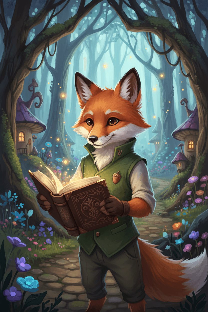 기발한 숲에서 책을 들고 있는 장난기 넘치는 의인화된 여우 캐릭터.