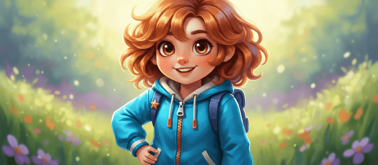 커다란 눈과 친근한 미소를 가진 파란색 재킷의 매력적인 캐릭터.