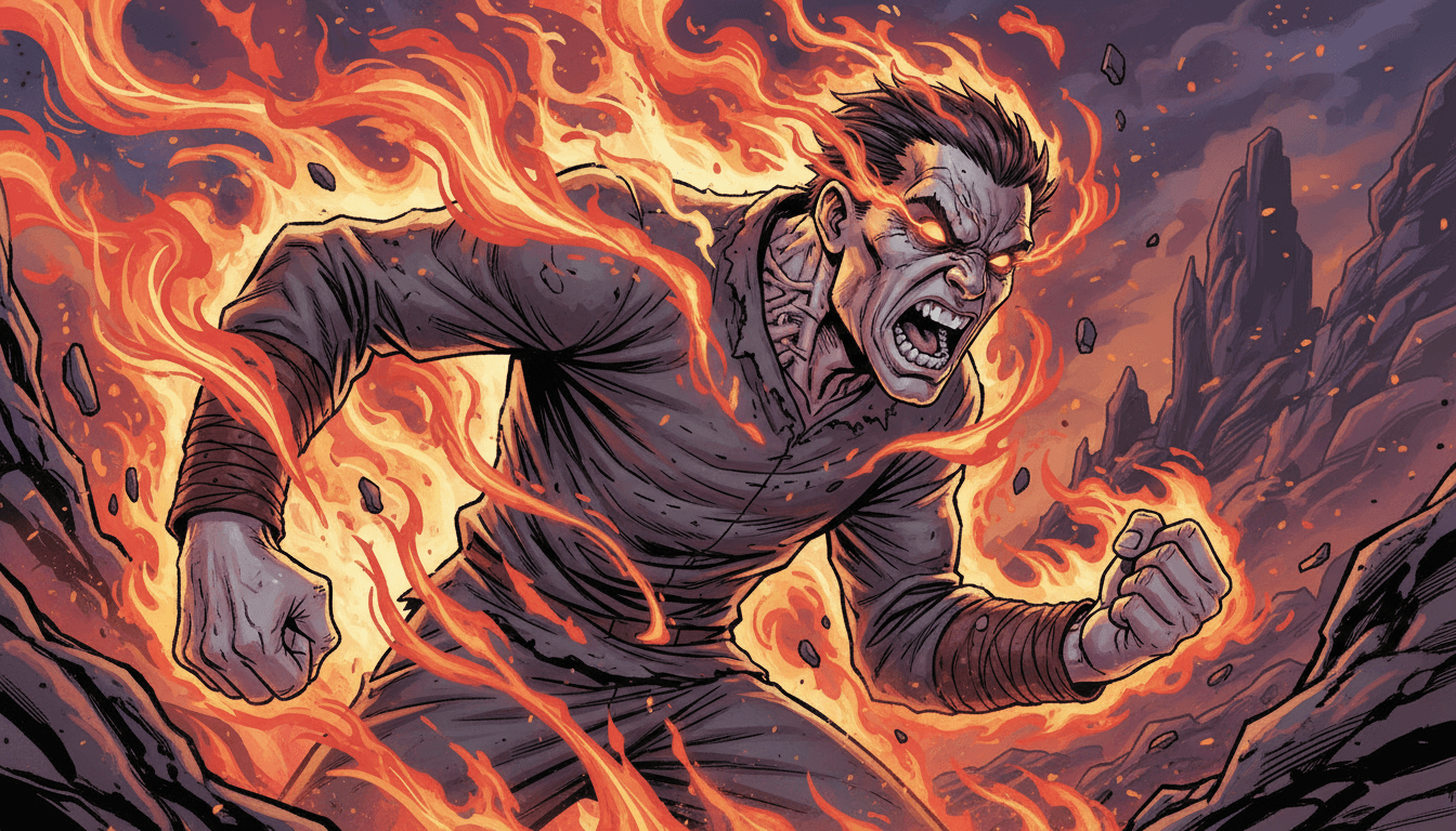 주먹을 쥐고 불꽃에 휩싸인 화난 캐릭터.