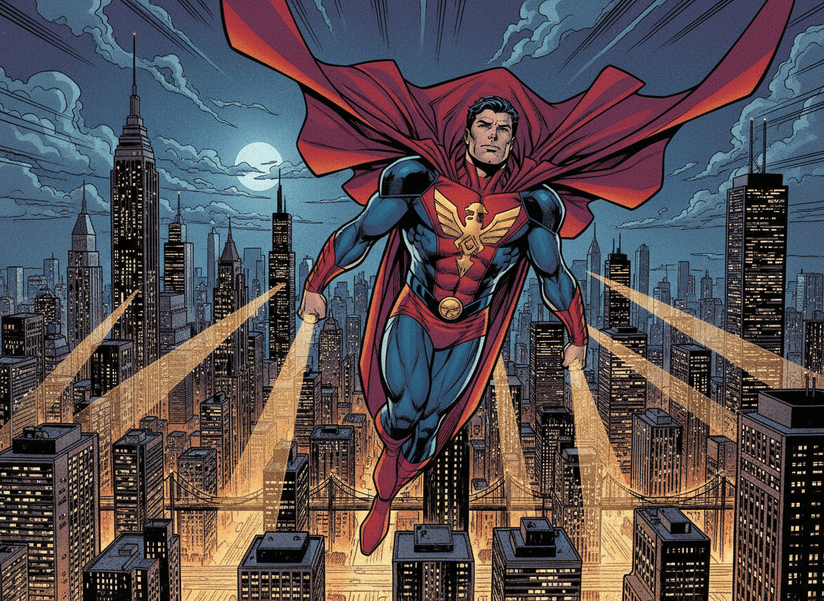 밤하늘 도시 위를 비행하는 영웅적인 슈퍼히어로 캐릭터.