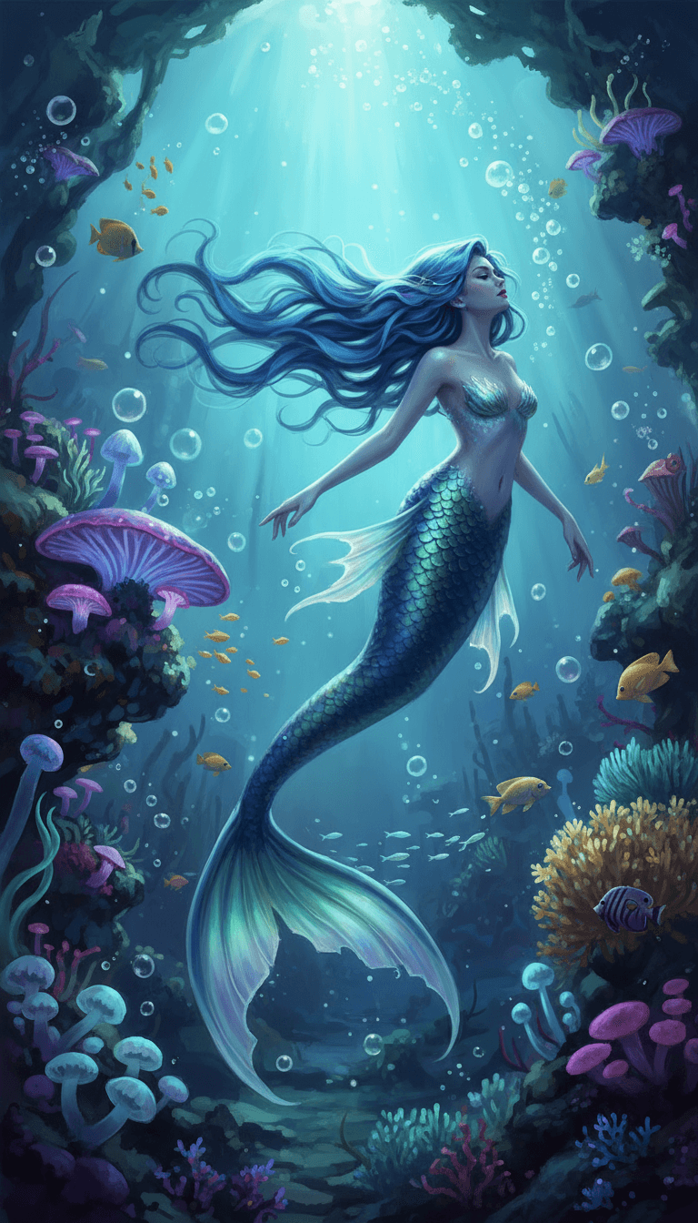 반짝이는 비늘과 파란 머리를 가진 우아한 인어 캐릭터가 산호초를 헤엄치고 있다.