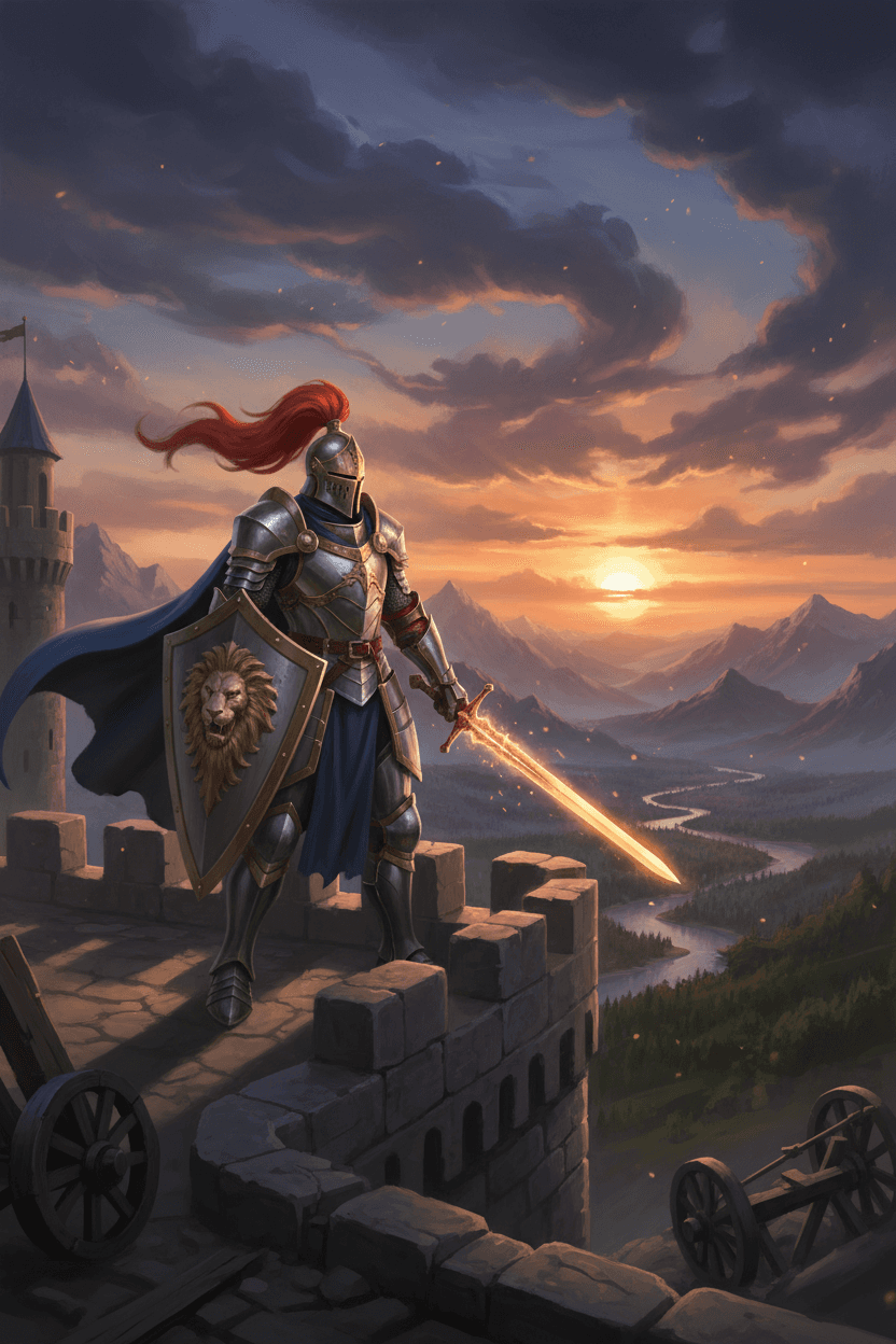 석양의 성벽 위에 빛나는 갑옷을 입은 용감한 기사 캐릭터.