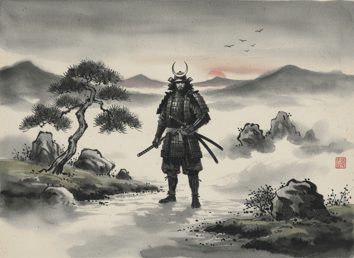 황혼녘 안개 낀 일본식 정원에서 카타나를 든 늠름한 사무라이 캐릭터, 수묵화 스타일.