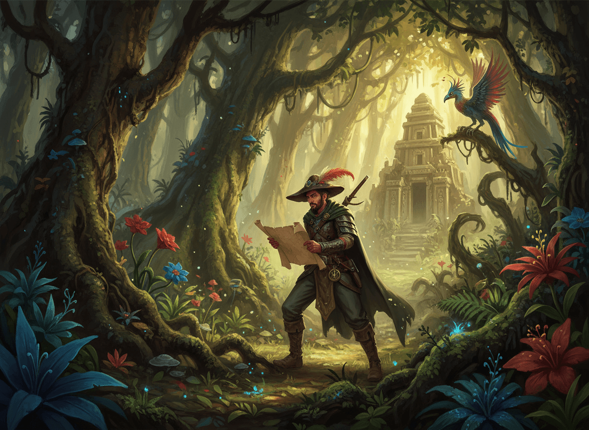 울창한 정글을 탐험하는 모험심 강한 캐릭터.