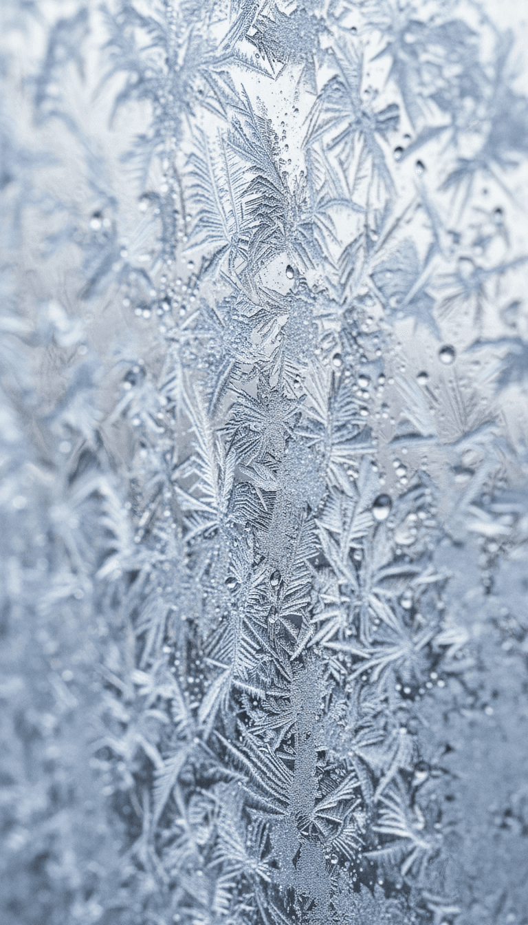 창유리에 맺힌 정교한 얼음 결정 패턴의 매크로 사진, 자연스러운 질감, 서리 내린 디테일의 겨울 컴퓨터 배경화면.