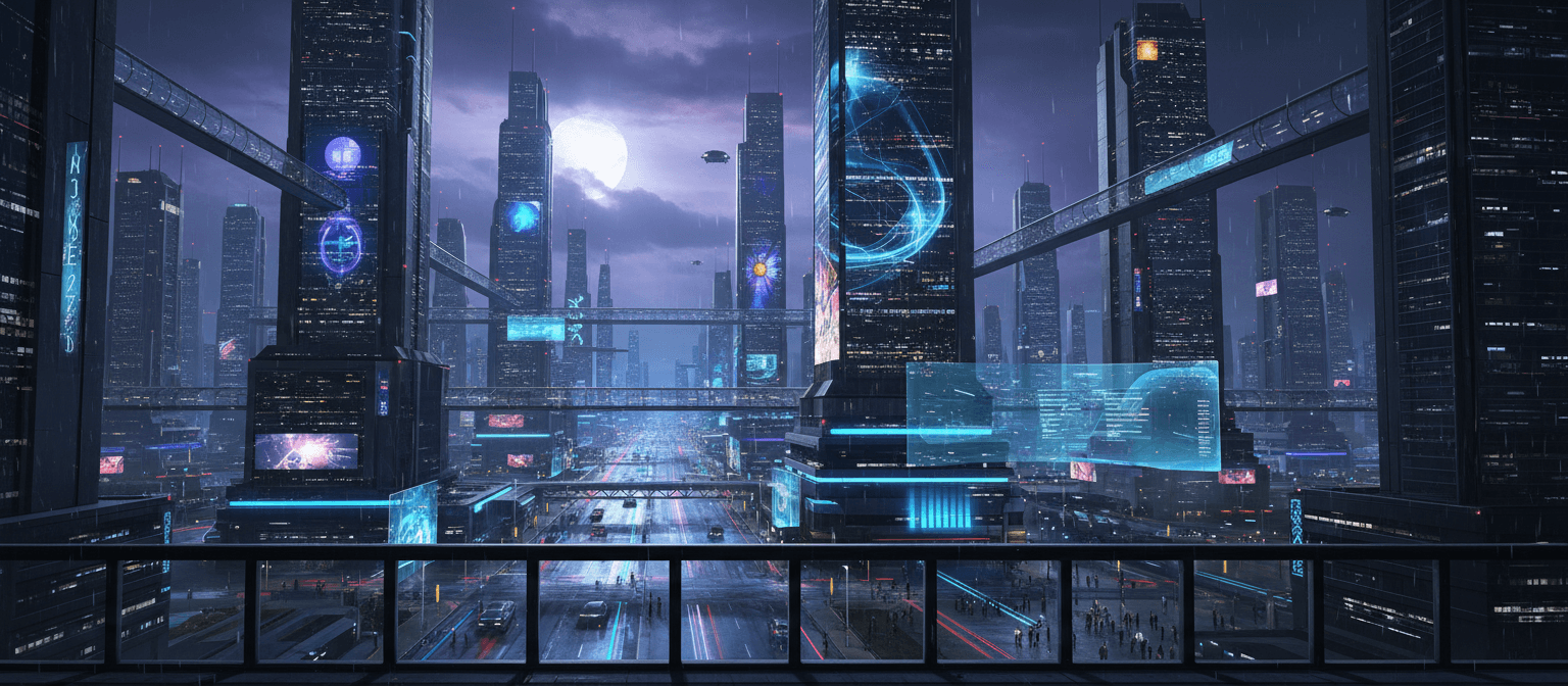 높은 마천루와 젖은 거리에 반사되는 생생한 네온 불빛이 있는 미래 도시의 밤하늘 전경, 첨단 기술의 컴퓨터 배경화면.