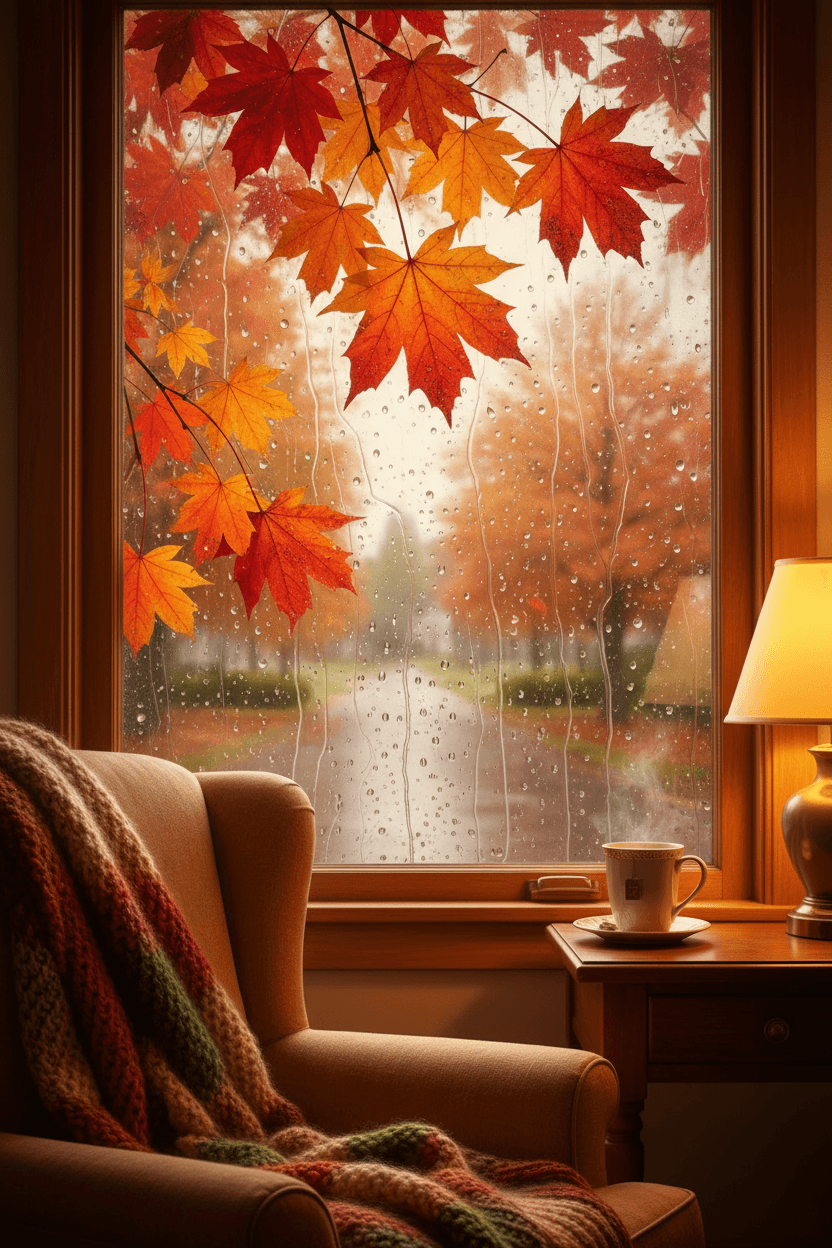 비가 내리는 붉고 주황색 단풍잎을 창밖으로 바라보는 아늑한 가을 풍경, 따뜻한 실내 조명, 향수를 불러일으키는 평화로운 컴퓨터 배경화면.