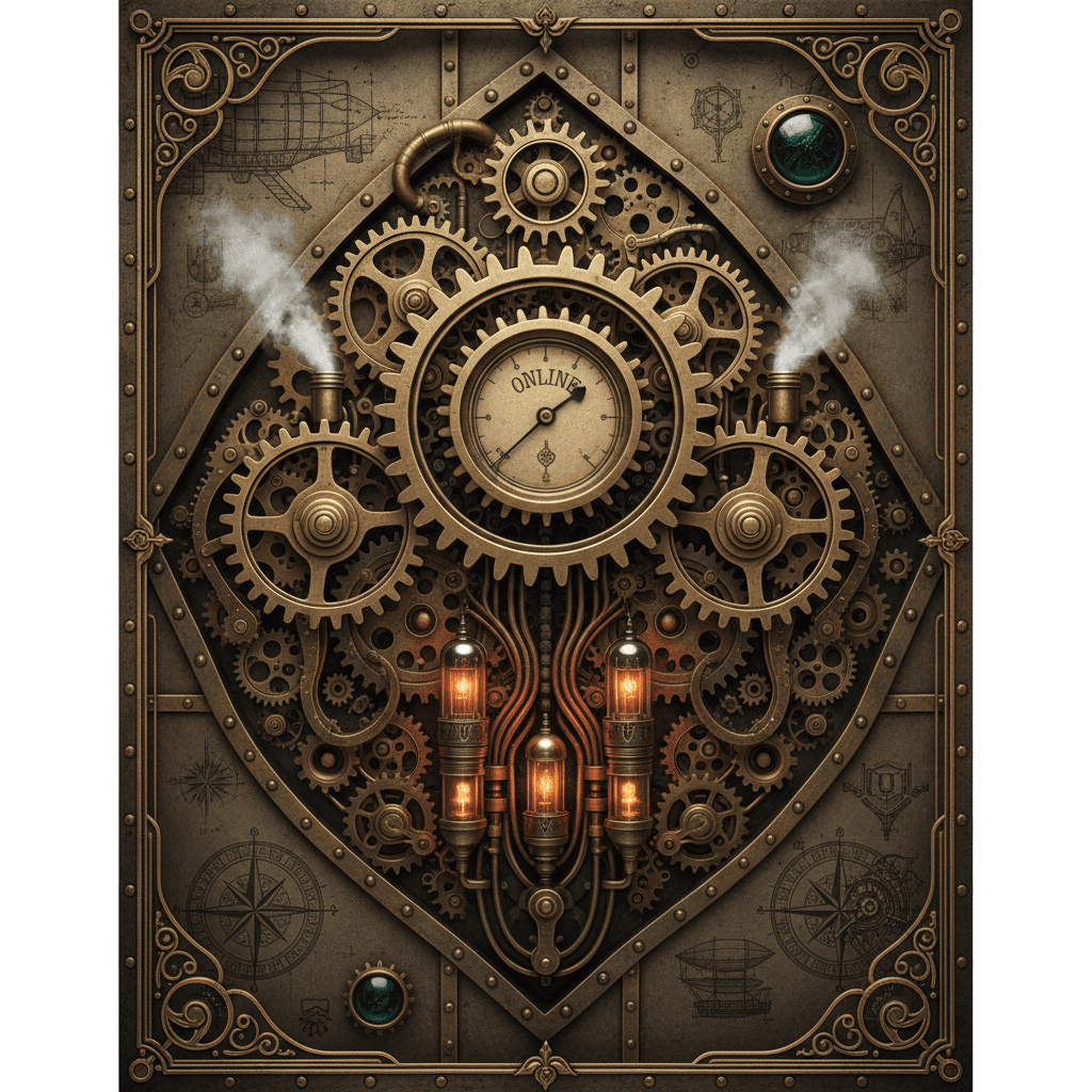 정교한 톱니바퀴와 시계 장치, 황동과 구리 톤, 빅토리아 시대의 산업적 우아함을 담은 스팀펑크 디자인 컴퓨터 배경화면.