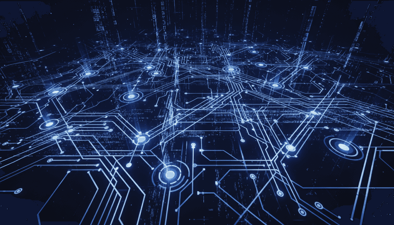 빛나는 선과 노드가 있는 공상과학 스타일 회로 기판 패턴, 어두운 배경에 추상적인 데이터 흐름 시각화, 미래 기술 컴퓨터 배경화면.