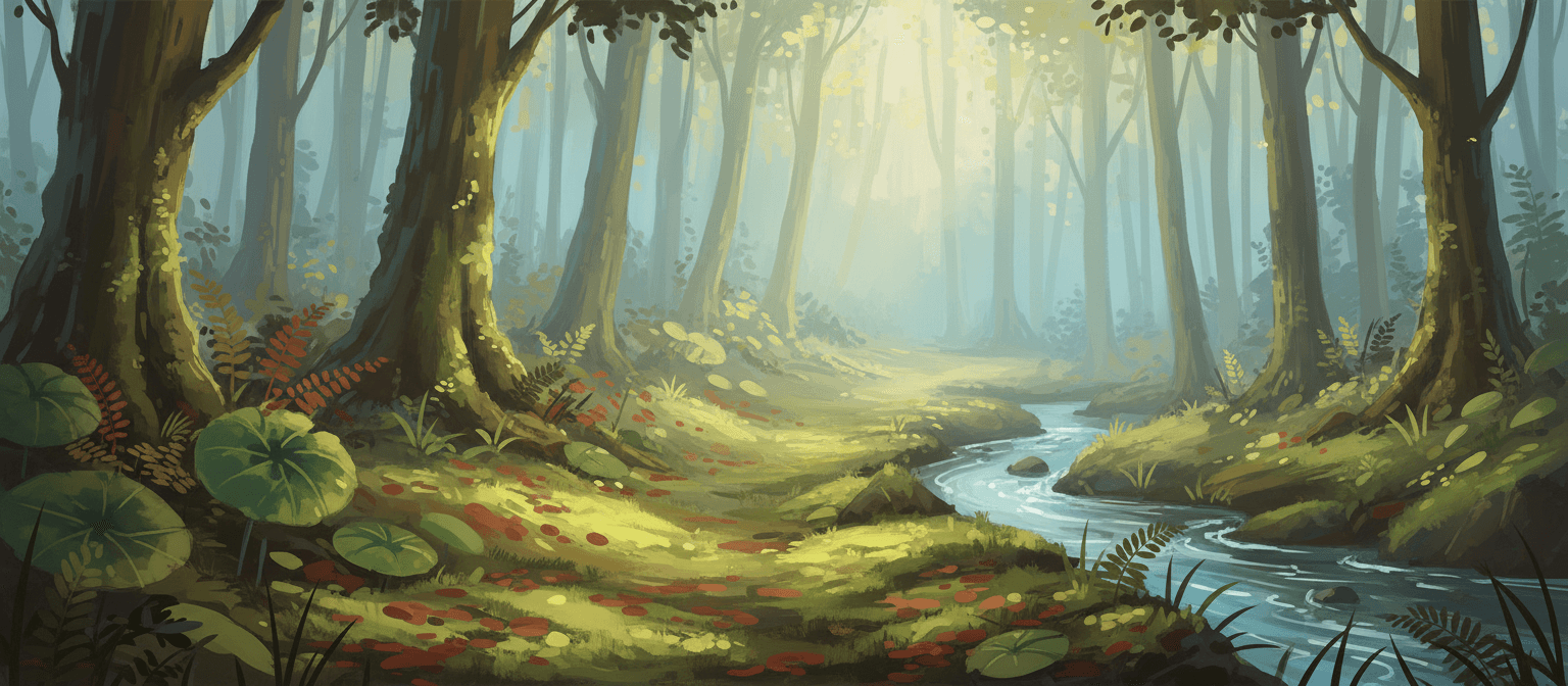 햇빛이 비치는 잎사귀와 부드러운 이끼가 있는 고요한 숲길의 디지털 일러스트레이션, 평화롭고 매력적인 예술적 컴퓨터 배경화면.