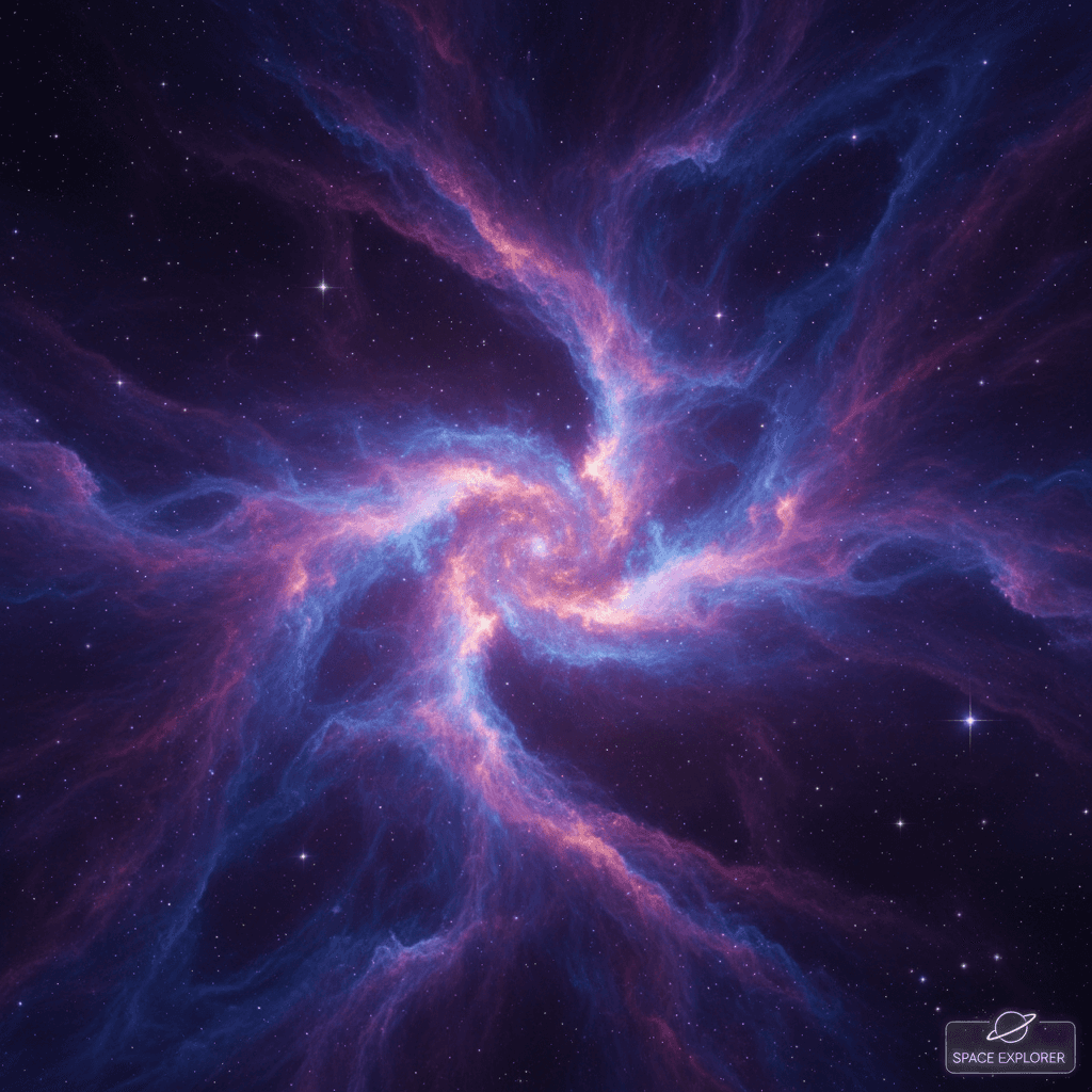 휘몰아치는 우주 먼지와 가스 구름, 멀리 떨어진 별들, 생생한 보라색, 파란색, 분홍색으로 구성된 깊은 우주 성운의 컴퓨터 배경화면.