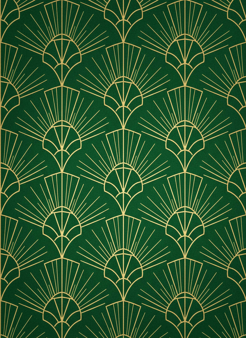 짙은 에메랄드 그린 배경에 금색 선으로 이루어진 아르데코 스타일 기하학적 패턴, 대칭적이고 우아하며 빈티지 럭셔리한 컴퓨터 배경화면.