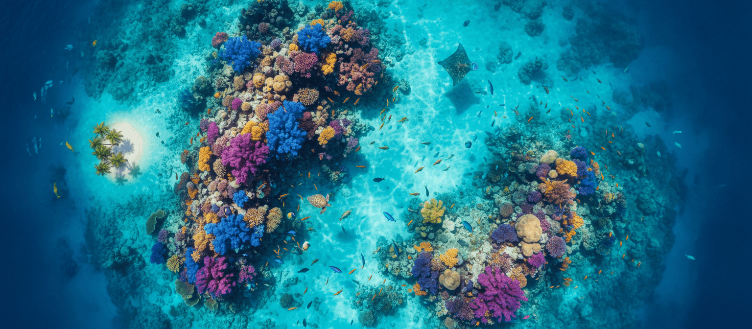 다양한 해양 생물이 헤엄치는 생생한 산호초의 항공 뷰, 수정같이 맑은 청록색 바다, 이국적인 수중 사진 컴퓨터 배경화면.