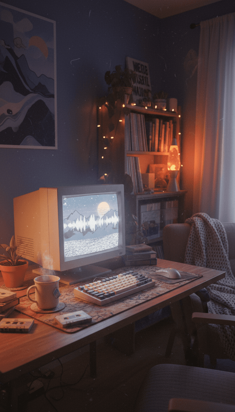 어둑한 방에 아늑한 책상, 정적 화면의 레트로 컴퓨터 모니터, 따뜻한 주변 조명이 있는 로파이 감성, 편안하고 차분한 컴퓨터 배경화면.