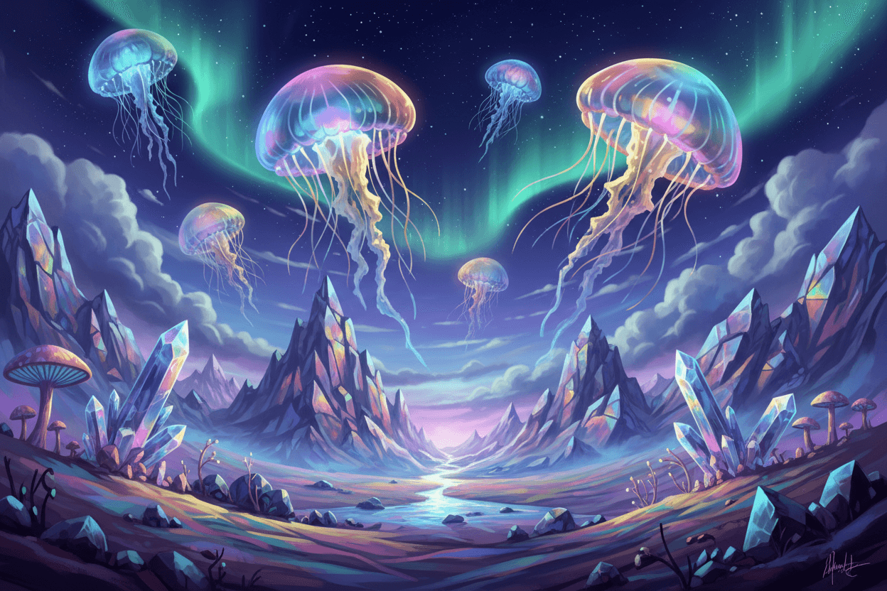 외계 행성 하늘에 떠다니는 거대한 빛나는 해파리, 수정처럼 맑은 산이 있는 초현실적인 풍경, 몽환적이고 환상적인 디지털 아트 컴퓨터 배경화면.