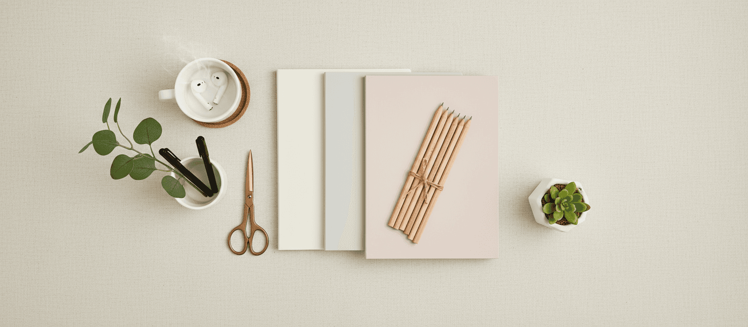 밝은 책상 위에 깔끔하게 정리된 연필, 공책, 작은 식물 가지가 있는 미니멀리스트 문구류의 아름다운 플랫 레이, 정돈된 컴퓨터 배경화면.