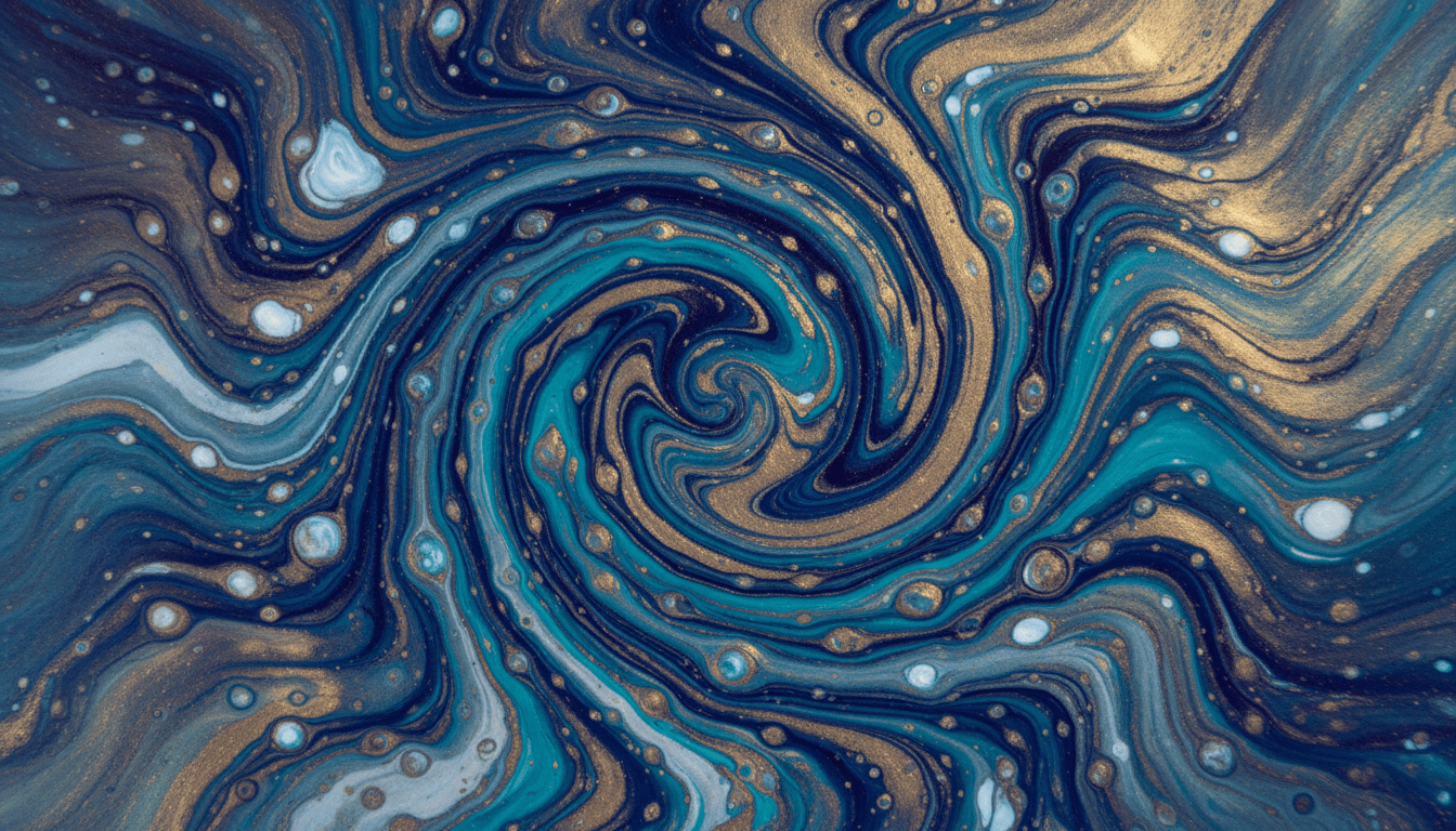 인디고, 청록색, 금색 등 생생한 색상이 소용돌이치는 추상적인 페인트 부어넣기 아트, 고화질, 유체 운동 효과의 예술적인 컴퓨터 배경화면.