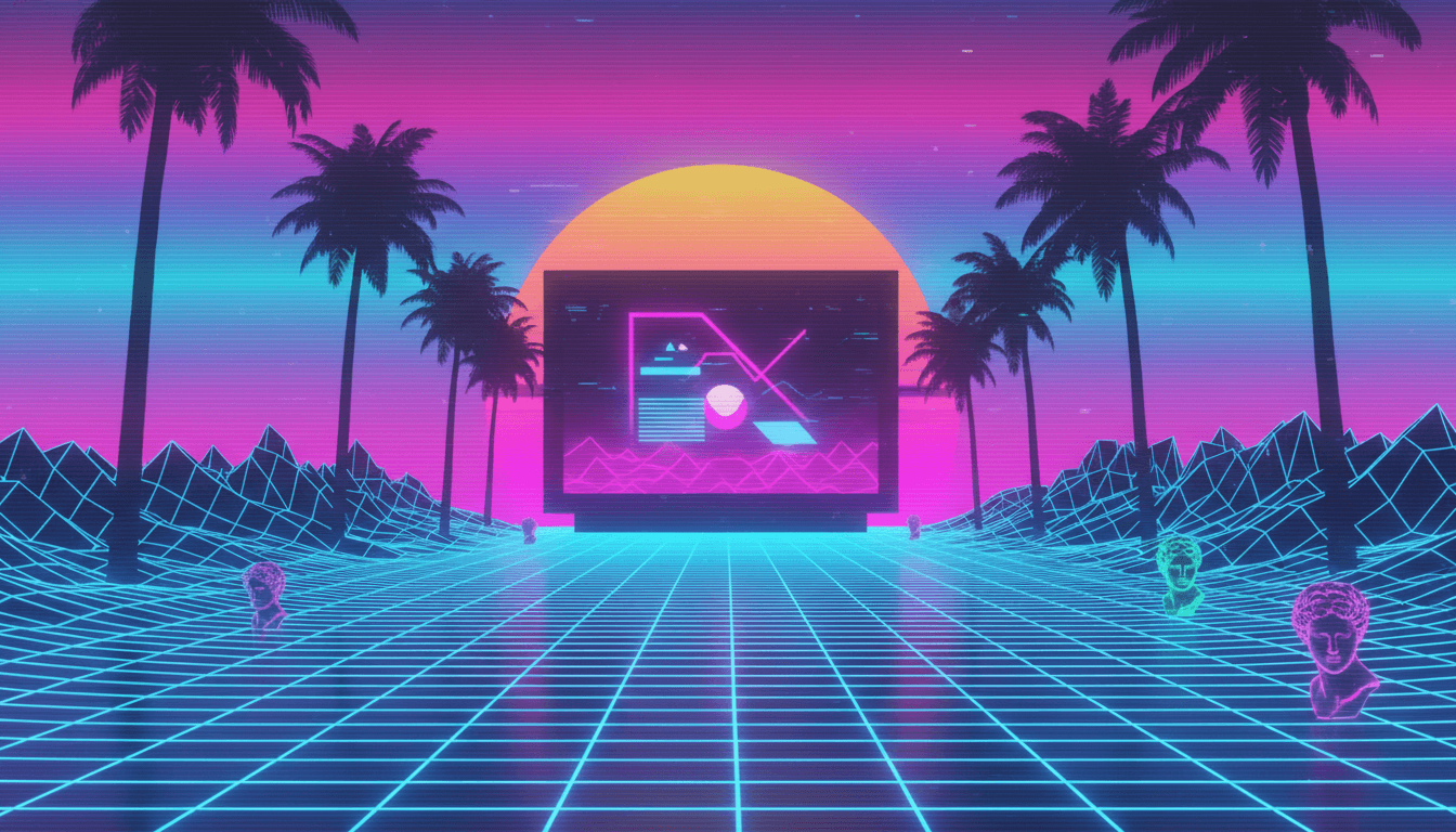 야자수 실루엣이 있는 80년대 레트로-퓨처풍 풍경, 그라데이션 일몰, 바닥의 그리드 패턴으로 구성된 베이퍼웨이브 미학의 신스웨이브 컴퓨터 배경화면.