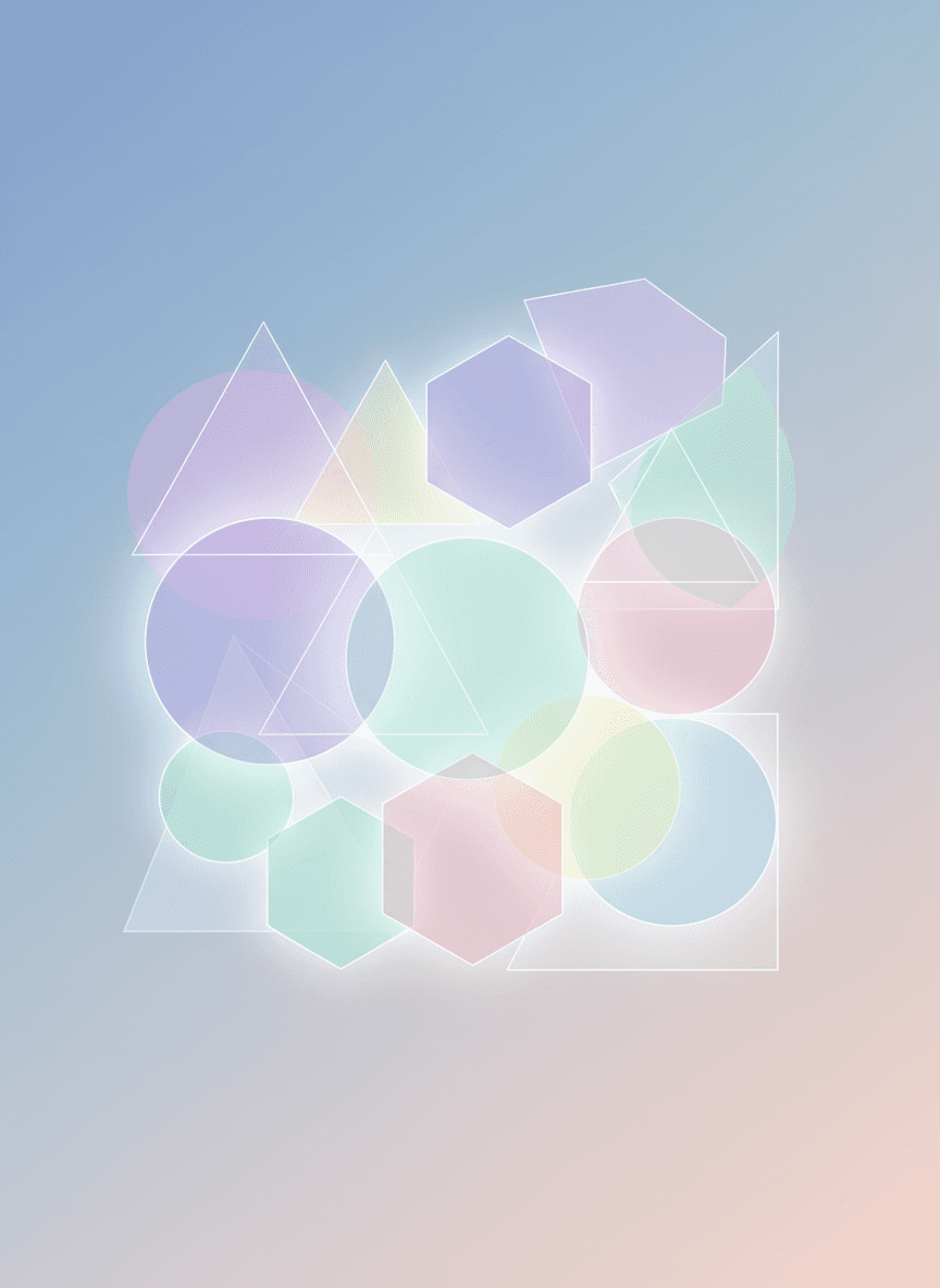 부드럽게 빛나는 파스텔 색상과 깔끔한 선으로 이루어진 추상적인 기하학적 패턴의 고요한 컴퓨터 배경화면.