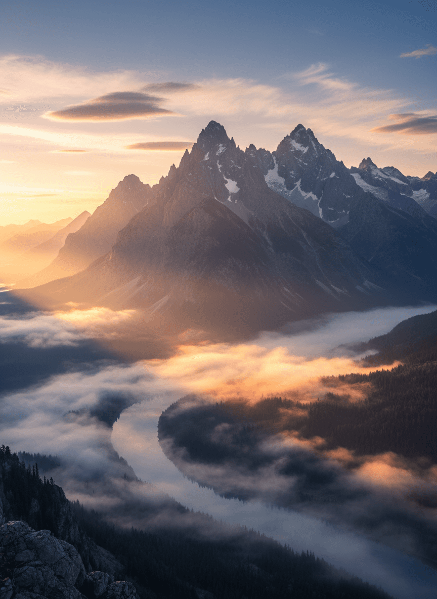 장엄한 산맥이 일출에 물들고 계곡에는 신비로운 안개가, 황금빛이 스며드는 넓은 파노라마 풍경의 컴퓨터 배경화면.