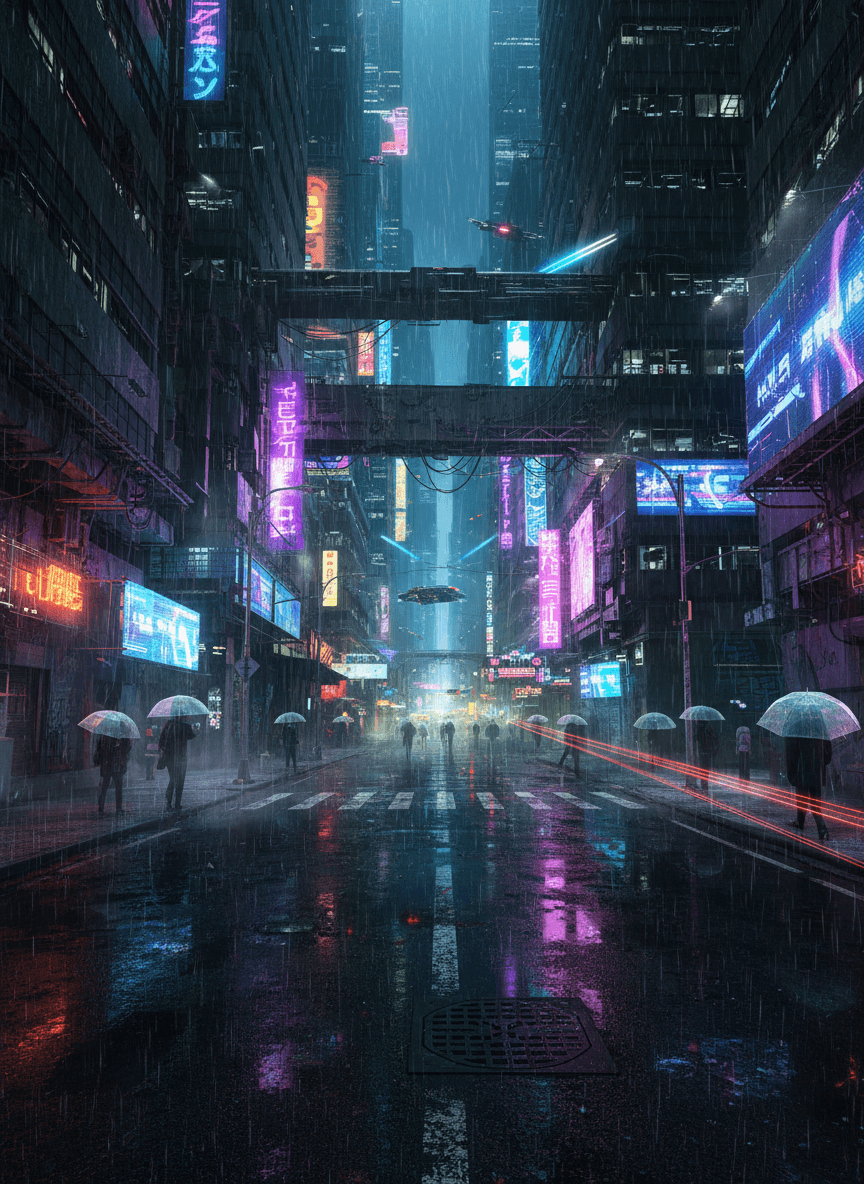 비가 억수같이 내리는 밤의 사이버펑크 도시 거리, 젖은 아스팔트에 반사되는 빛나는 광고판, 어둡고 거친 분위기의 컴퓨터 배경화면.
