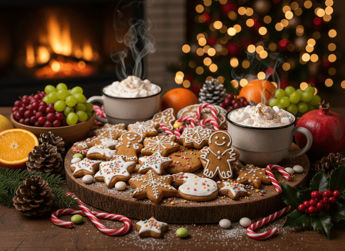 진저브레드 쿠키, 지팡이 사탕, 핫 초콜릿이 있는 맛있는 크리스마스 배경입니다.