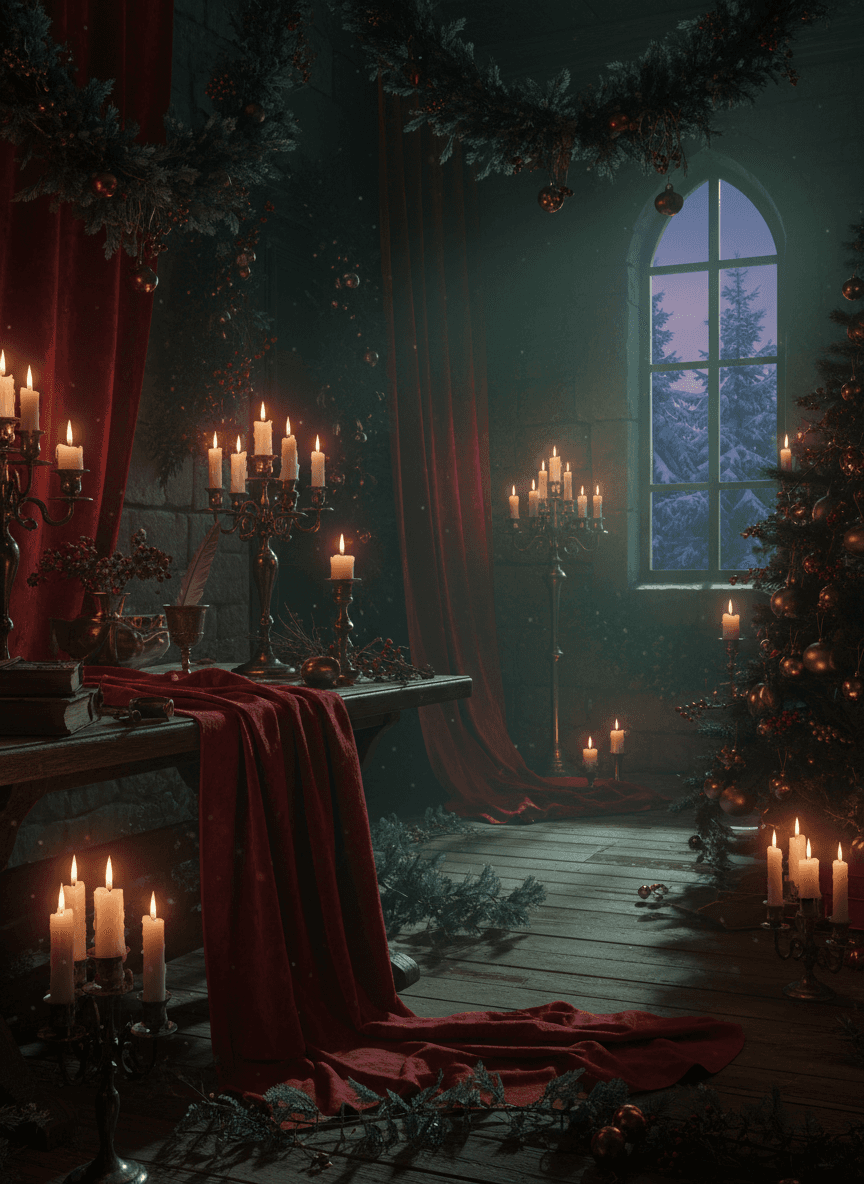 깊은 색조와 흔들리는 촛불이 있는 어둡고 분위기 있는 크리스마스 배경입니다.