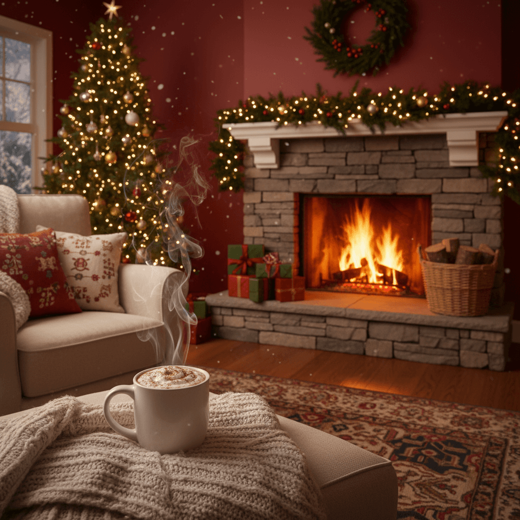 벽난로, 안락의자, 코코아가 있는 아늑한 실내 크리스마스 배경입니다.
